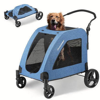 EchoSmile Heavy-Duty Large Dog Stroller with Shock-Absorbing Wheels, Foldable Pet Travel Carrier for Medium &amp; Large Dogs, 5 Mesh Windows, 160 lbs Capacity, Easy Assembly &amp; Storage