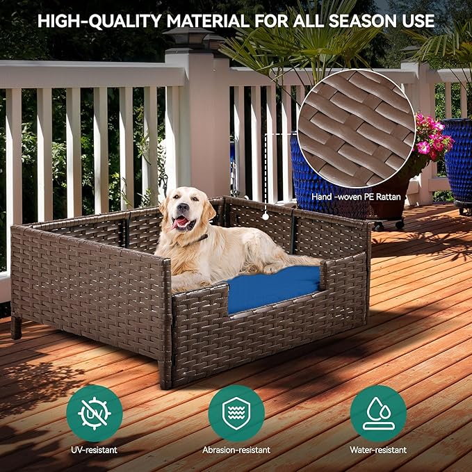 YITAHOME Rattan Dog Sofa Bed with Cushion,Wicker Pet Bed Sofa Couch Indoor Outdoor Water Resistant for Large Medium Small Dogs Cats (34.6&