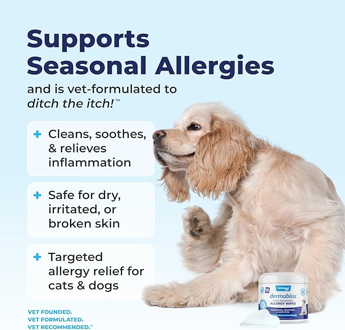 Vetnique Dermabliss 3-in-1 Medicated Dog Wipes - Relief for Itchy Skin, Allergies &amp; Odor Control, Gentle No-Sting Formula, Antihistamine &amp; Hydrocortisone Paw Wipes for Dogs &amp; Cats 50 Count