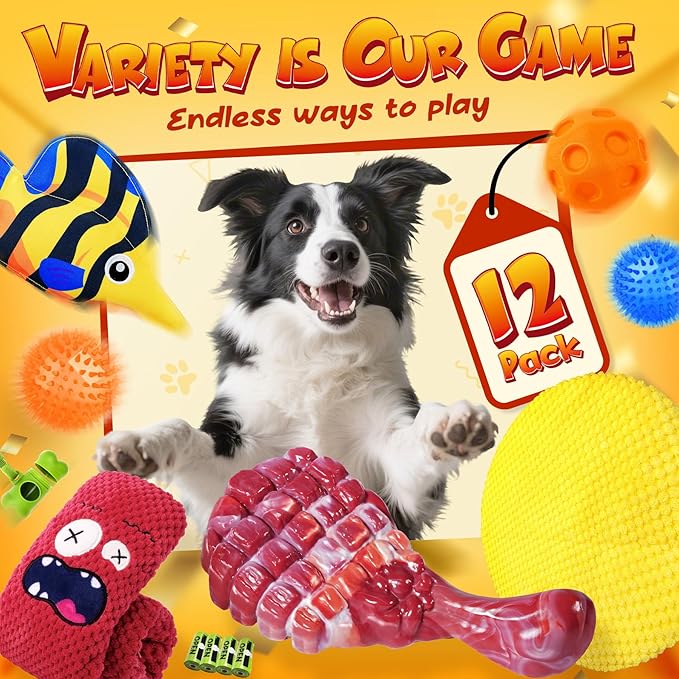 KIPRITII 12-Pack Large Dog Chew Toys for Aggressive Chewers - Includes Indestructible Chew Bone, Interactive Tug Toys, Squeaky Toys, Great for Medium &amp; Large Breeds Dog
