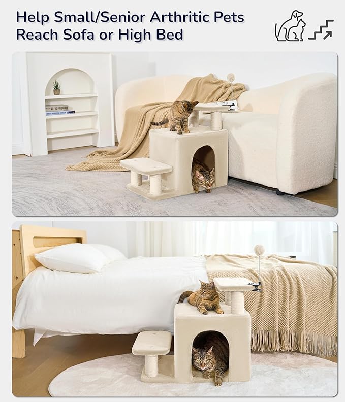 Happi N Pets Dog Stairs with Cat Scratching Post &amp; Large Condo, Stable Pet Steps for High Beds Couch, 3 Combinations Cat Ramp Tree Tower for Cats or Small Dogs, Removable Cushion &amp; Bonus Toy, Beige
