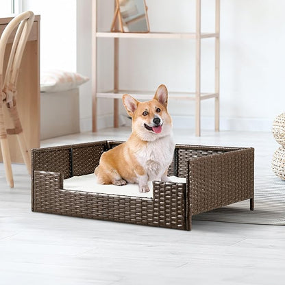 YITAHOME Rattan Dog Sofa Bed with Cushion,Wicker Pet Bed Sofa Couch Indoor Outdoor Water Unaffected for Large Medium Small Dogs Cats (24.8&