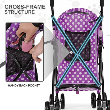 MoNiBloom 4 Wheels Pet Stroller, Easy-Fold Umbrella Shaped Dog Cat Jogger Stroller w/Storage Bag &amp; Visible Mesh for Small/Medium Dogs Cats Purple Polka Dots