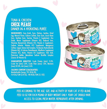 Weruva B.F.F. Play - Best Feline Friend Paté Lovers, Aw Yeah!, Tuna &amp; Chicken Check Please! with Tuna &amp; Chicken, 5.5oz Can (Pack of 8)