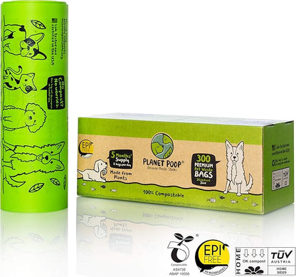 PLANET POOP Home Compostable Dog Poop Bags, Large Single Roll 300 Grab &amp; Go, for Dogs Un-Scented Dog Waste Bags, Thick Leakproof Doggy Cat Bag, Plant-Based Pet Supplies
