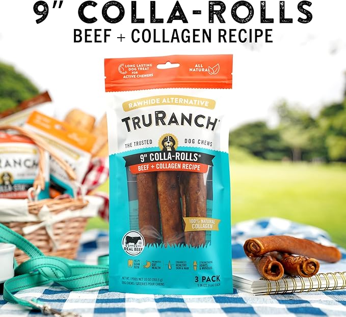 Collagen Rolls - 9" Collagen Rolls for Dogs - Long Lasting Healthy Joint Support - Rawhide Alternative - Skin &amp; Coat Health - Made with Real Beef, Value Pack, 15 Bags, 45 Count