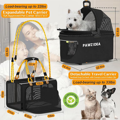 PAWZIDEA Double Pet Stroller with 2 Detachable Carriers, Portable Dog Crate for Car Travel &amp; TSA-Approved Expandable Cat Carrier, Foldable Lightweight Jogger Stroller for 2–4 Cats or Small/Medium Dogs
