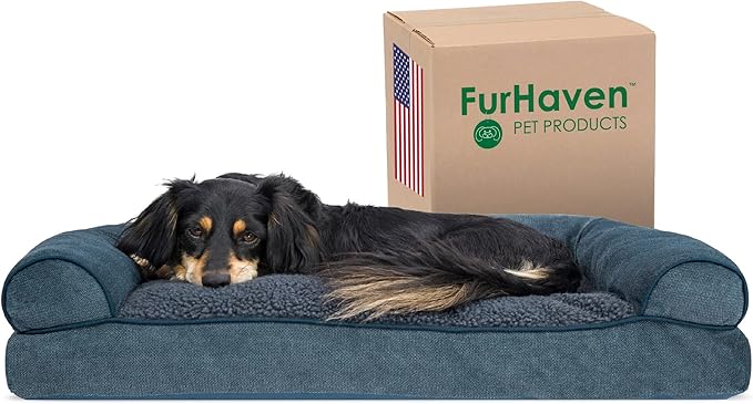 Furhaven Pillow Dog Bed for Medium/Small Dogs w/ Removable Bolsters &amp; Washable Cover - Sherpa &amp; Chenille Sofa - Orion Blue, Medium