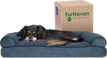 Furhaven Pillow Dog Bed for Medium/Small Dogs w/ Removable Bolsters &amp; Washable Cover - Sherpa &amp; Chenille Sofa - Orion Blue, Medium