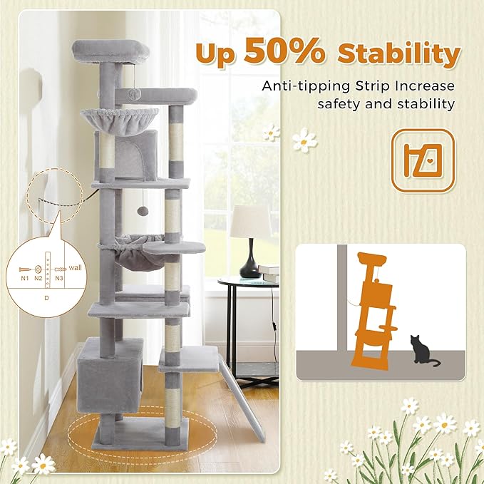 81 Inches Tall Cat Tree for Indoor Cats Large Adult - Heavy Duty Multi-Level Cat Tower with Large Metal Frame Hammock, Scratching Pad, 2 Top Perches, 2 Cozy Condos &amp; 6 Scratching Posts - Gray