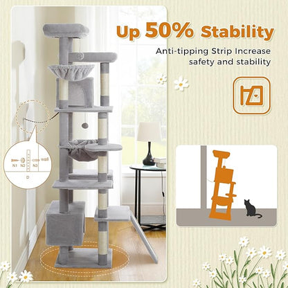 81 Inches Tall Cat Tree for Indoor Cats Large Adult - Heavy Duty Multi-Level Cat Tower with Large Metal Frame Hammock, Scratching Pad, 2 Top Perches, 2 Cozy Condos &amp; 6 Scratching Posts - Gray