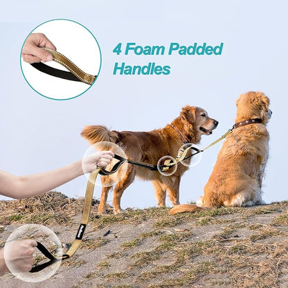 PetBonus Double Dog Leash, No Tangle Dual Leash, Reflective Walking Training Lead, 4 Comfortable Padded Handles for 2 Dogs with Collapsible Bowl and Waste Bags (Light Khaki, Large)