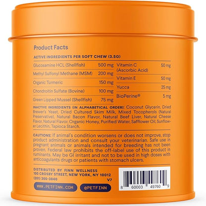 Finn Hip and Joint Supplement for Dogs | Glucosamine, Chondroitin &amp; MSM for Joint and Mobility Support | with Turmeric, BioPerine and B-Vitamins | 90 Soft Chews