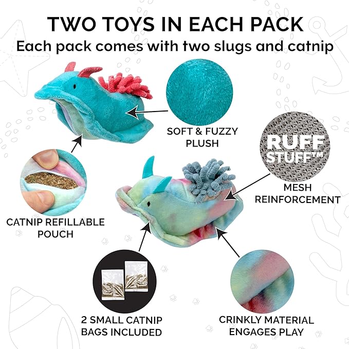 Furhaven 2-Pack Cat Toys w/ 2x Catnip Bags for Indoor Cats, Washable &amp; Durable w/ Refillable Catnip Pocket - Plush Sea Slug Cat Toy Set - Blue/Tie Dye, Set of 2