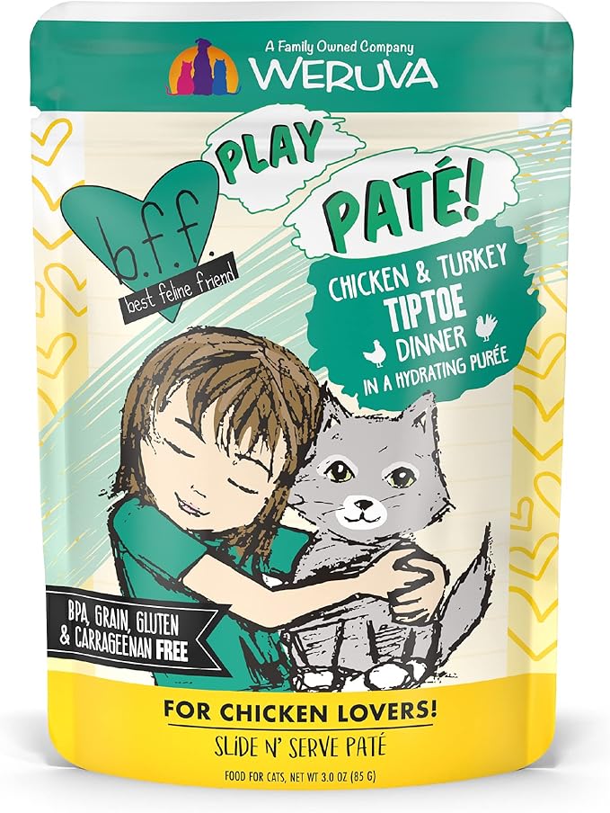 B.F.F. PLAY - Best Feline Friend Paté Lovers, Aw Yeah!, Chicken &amp; Turkey Tiptoe with Chicken &amp; Turkey, 3oz Pouch (Pack of 12)