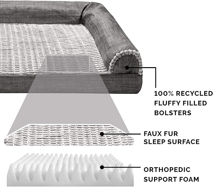 Furhaven Orthopedic Dog Bed for Large Dogs w/ Removable Bolsters &amp; Washable Cover, For Dogs Up to 95 lbs - Luxe Faux Fur &amp; Performance Linen Sofa - Charcoal, Jumbo/XL