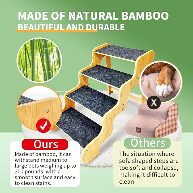 Dog Stairs for Large/Oldder Dogs,4 Steps Bamboo Wooden Pet Ramp for High Beds, Cars &amp; Couch Sofa - Supports Dog Up to 160 LB,20-inches High