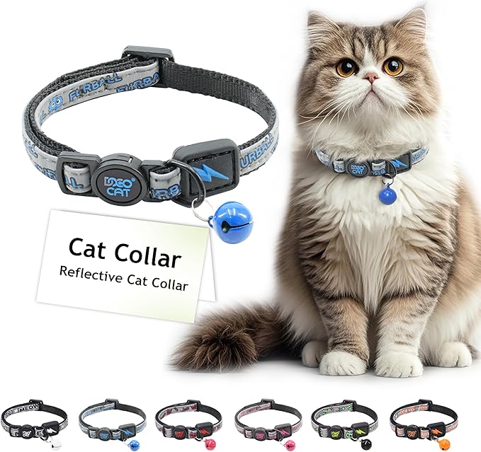 DOCO Cat Collar (Neck Girth - 3/8" x 7.5-12", Weight Upto - 13lb) Reflective Cat Collar with Bell, Breakaway Safety Buckle, Adjustable Nylon Strap for Kittens &amp; Adult Cats (Blue)