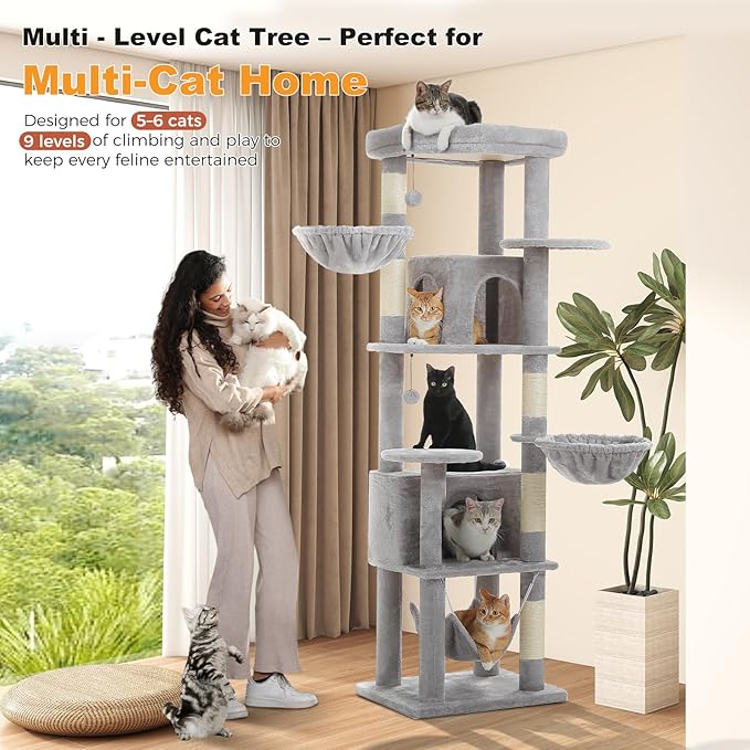 71.2" Tall Cat Tree for Indoor Cats - 9-Level Multi-Cat Tower w/5 Sisal Scratching Posts, 2 Condos, 3 Hammocks, Perch &amp; Pom Poms - Heavy-Duty for Adult Cats, Space-Saving Plush Gray