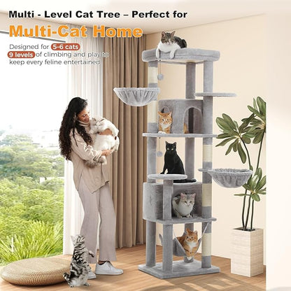 71.2" Tall Cat Tree for Indoor Cats - 9-Level Multi-Cat Tower w/5 Sisal Scratching Posts, 2 Condos, 3 Hammocks, Perch &amp; Pom Poms - Heavy-Duty for Adult Cats, Space-Saving Plush Gray