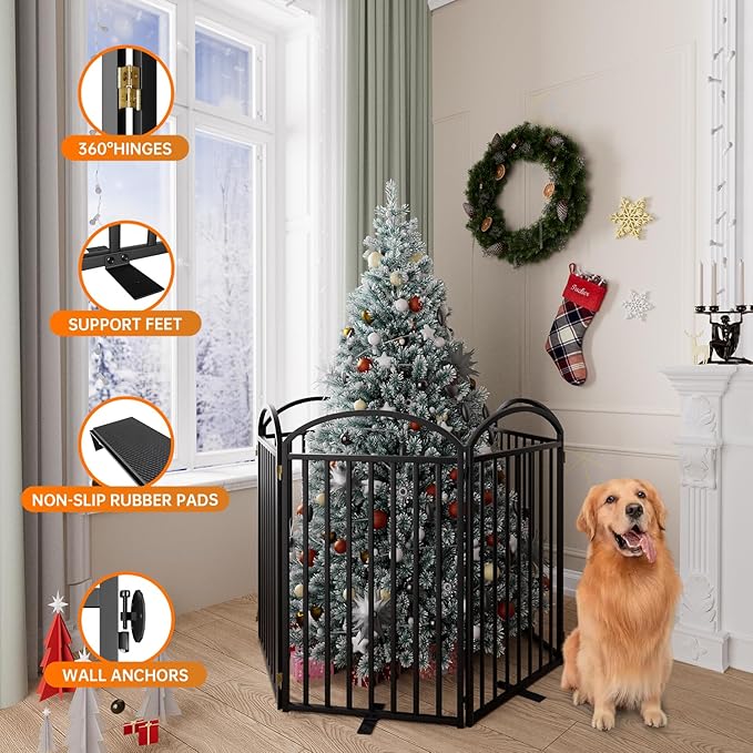 6 Panles Full Matel Freestanding Dog Gates with Door, 144"Extra Wide 36"Tall Free Standing Dog Pet Gate for Indoor &amp; Outdoor. Foldable Pet Fences for Doorways, House, Stairs, Porch, Deck, Yard