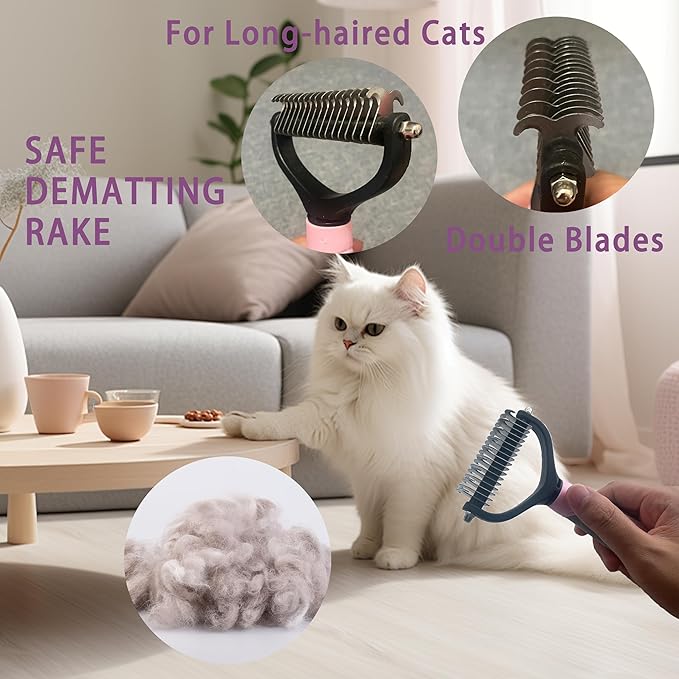 Cat Grooming Brush Kit 6 Tools - Deshedding &amp; Dematting for Long/Short Hair, Self-Cleaning Slicker Brush with 6-in-1 Flea Comb for Cats &amp; Kittens (Pink)