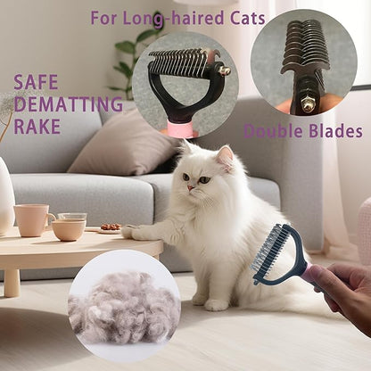 Cat Grooming Brush Kit 6 Tools - Deshedding &amp; Dematting for Long/Short Hair, Self-Cleaning Slicker Brush with 6-in-1 Flea Comb for Cats &amp; Kittens (Pink)