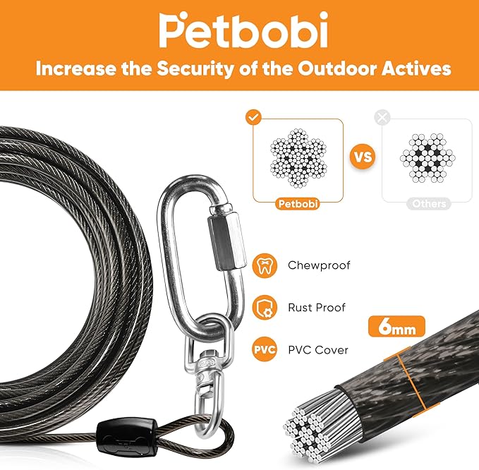 Petbobi Heavy Duty Dog Tie Out Cable and Stake - 40FT Steel Wire Dog Leads for Large Dogs Up to 300lbs, Anti Rust Spiral Stake with Strong Leash &amp; 360° Swivel Hooks - Ideal for Yard, Outdoor &amp; Camping