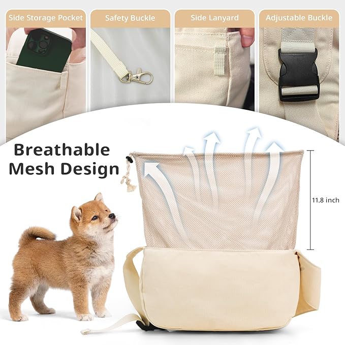 Dog Sling Carrier for Small Dogs and Cats, Lightweight Collapsible Pet Travel Bag with Adjustable Strap, Side Pockets &amp; Breathable Mesh (Beige, 15.7" L x 5.9" W x 8.6" H)
