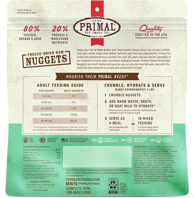Primal Freeze Dried Dog Food Nuggets, Chicken; Complete &amp; Balanced Meal; Also Use as Topper or Treat; Premium, Healthy, Grain Free, High Protein Raw Dog Food, 14 oz (Pack of 2)