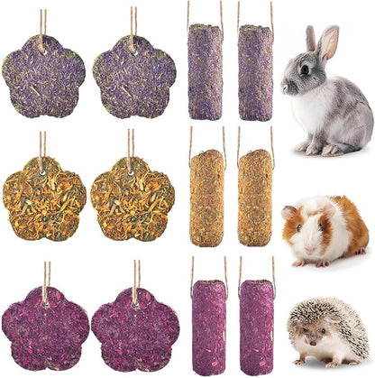 12PCS Rabbit Chew Sticks, Hanging Chew Sticks &amp; Cakes Timothy Hay Rose Chrysanthemum Treat for Bunny Chinchilla Guinea Pig Hamster and Other Small Pets Molar Snack Toy