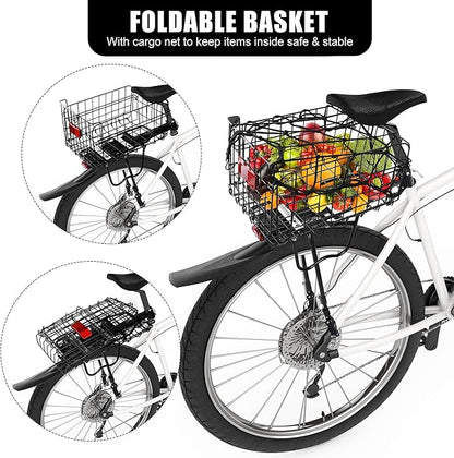 Aodaer Rear Bike Rack with Basket Quick Release Bike Rear Rack Heavy Duty Folding Bike Basket with Waterproof Bag &amp; Cargo Net &amp; Installation Tool