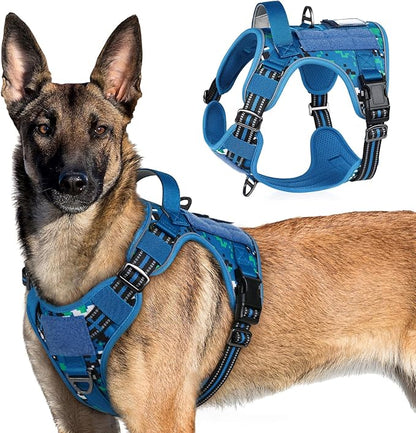 rabbitgoo Tactical Dog Harness for Large Dogs, No Pull Military Service Vest with Handle &amp; Molle, Easy Control for Training Walking, Adjustable Reflective Straps, Blue Camo, XL