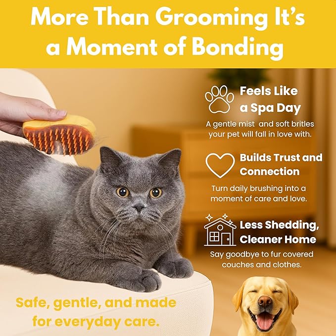 Steam Cat Brush for Indoor Cats – Mist Spray Comb for Shedding &amp; Hair Removal | Silicone Pet Grooming Tool for Long-Haired Cats &amp; Dogs