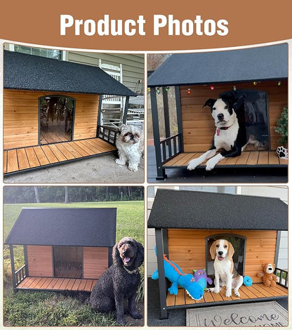 Gutinneen Large Dog House Outdoor with Strength Metal Frame, Outside Dog House with Waterproof Roof, PVC Curtain, Fir Wood Patio, Design for Small &amp; Medium &amp; Large Dogs