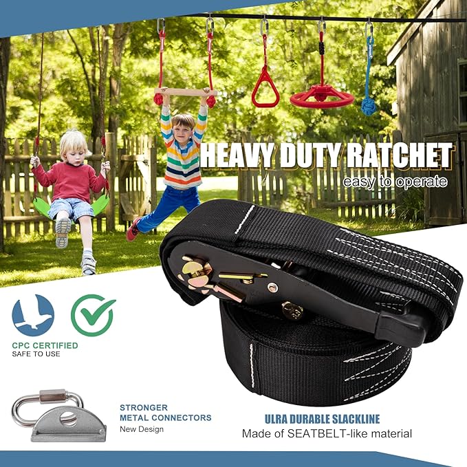 Slsy 60FT Ninja Warrior Obstacle Course (10 Obstacles), Ninja Slackline Kit for Kids, Durable Playset Equipment with 10 Complete Set-Monkey Bar,Swing, Climbing Ladder &amp; Net