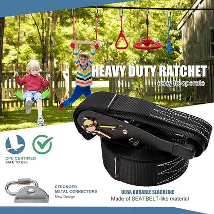 Slsy 60FT Ninja Warrior Obstacle Course (10 Obstacles), Ninja Slackline Kit for Kids, Durable Playset Equipment with 10 Complete Set-Monkey Bar,Swing, Climbing Ladder &amp; Net