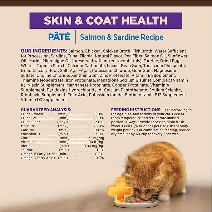 Wellness CORE+ Skin &amp; Coat Pate Adult Wet Cat Food, Natural, Protein-Rich, Grain Free, 2.8 Ounce, 12 Pack (Salmon &amp; Sardine)