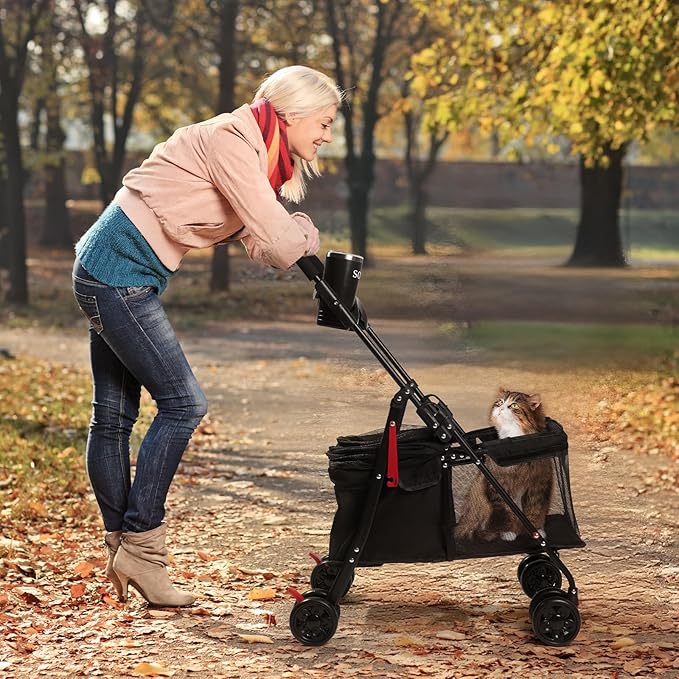 Foldable Pet Stroller for Small/Medium Pets up to 22 lbs - Lightweight 4-Wheel Design with Sun Canopy, Storage Bag &amp; Breathable Mesh