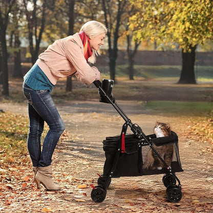 Foldable Pet Stroller for Small/Medium Pets up to 22 lbs - Lightweight 4-Wheel Design with Sun Canopy, Storage Bag &amp; Breathable Mesh