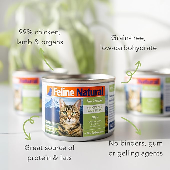 Feline Natural New Zealand Canned Catfood Wet Food, High-Meat, Low-Carb, &amp; Grain Free Cat Food Wet, Chicken and Lamb Feast, 6 oz, Pack of 12