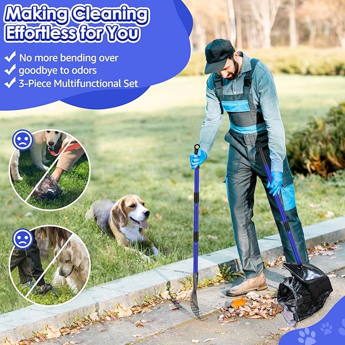 Lukovee Dog Pooper Scooper, 37.4" Long Adjustable Metal Handle Swivel Bin &amp; Rake &amp; Spade Kit with 20 Poop Bags, Portable Dog Non-Breakable Poop Scooper for Gravel Yard Lawn Grass, Blue