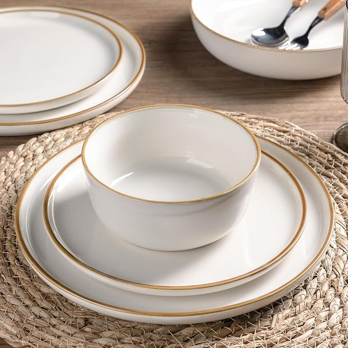 GBHOME Ceramic Dinnerware Sets for 4, 12 Pieces Stoneware Plates and Bowls Sets, Scratch Resistant Dishes, Dishwasher &amp; Microwave Safe, Reactive Glaze-White