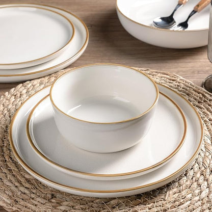 GBHOME Ceramic Dinnerware Sets for 4, 12 Pieces Stoneware Plates and Bowls Sets, Scratch Resistant Dishes, Dishwasher &amp; Microwave Safe, Reactive Glaze-White