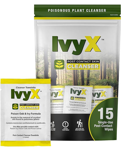 CoreTex Ivy X Post-Contact Poison Ivy Wipes with Resealable Travel Bag - Pack of 15 Single-Use Barrier Wipes to Assist in the Removal of Rashes - Also Works on Poison Oak &amp; Sumac Oils