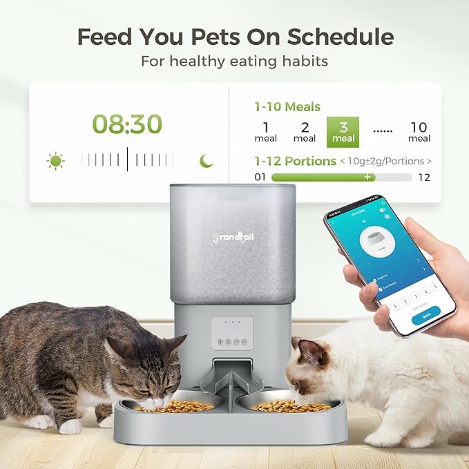 WiFi Automatic Cat Feeder with App - 6L Elevated Smart Food Dispenser for 2 Pets, Programmable 1-10 Meals, 2 Stainless Bowls &amp; Dual Power