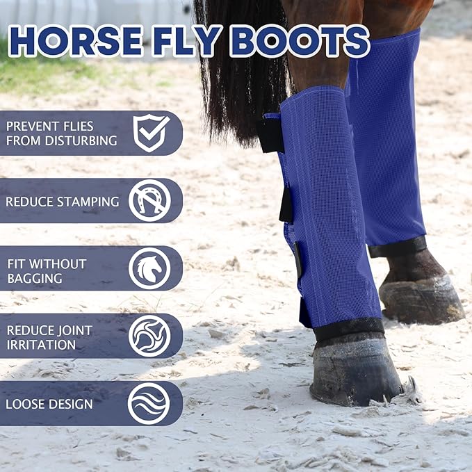 Premium 4-Pack Horse Fly Boots &amp; Leggings Loose-Fit Fine Mesh with Stay-On Fasteners, Support Strips &amp; Anti-Stomp Design Breathable Non-Slip Protection Leg Wrap (Large) Royal Blue