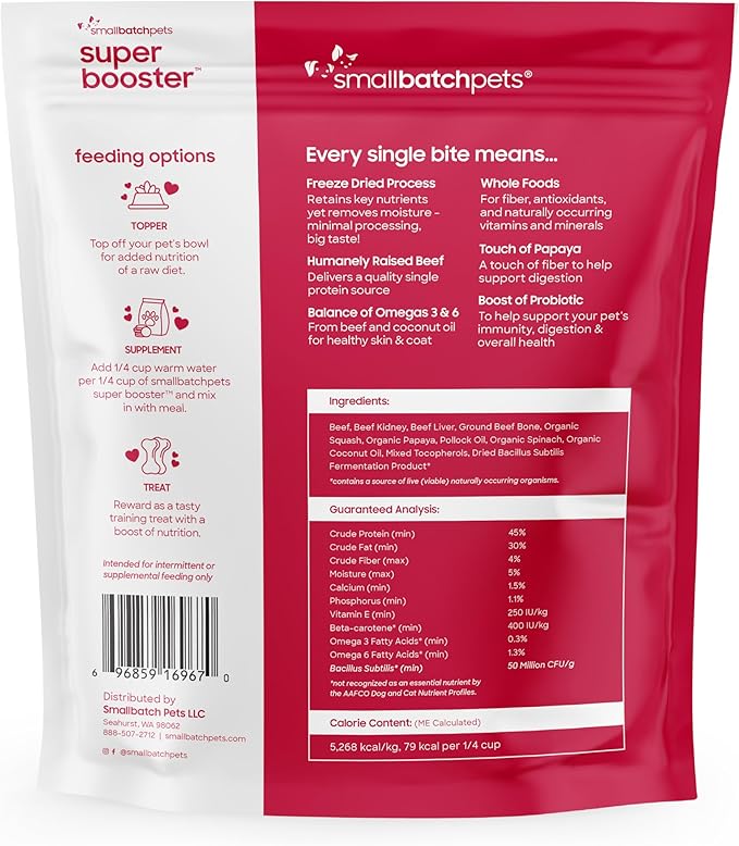 smallbatch Freeze Dried Dog Treats, Superfood Food Topper Beef Bites for Dogs &amp; Cats, Probiotics, Organic Ingredients, High Protein, Grain Free Healthy Treat Food Topper, Made in The USA, 7 oz Bag