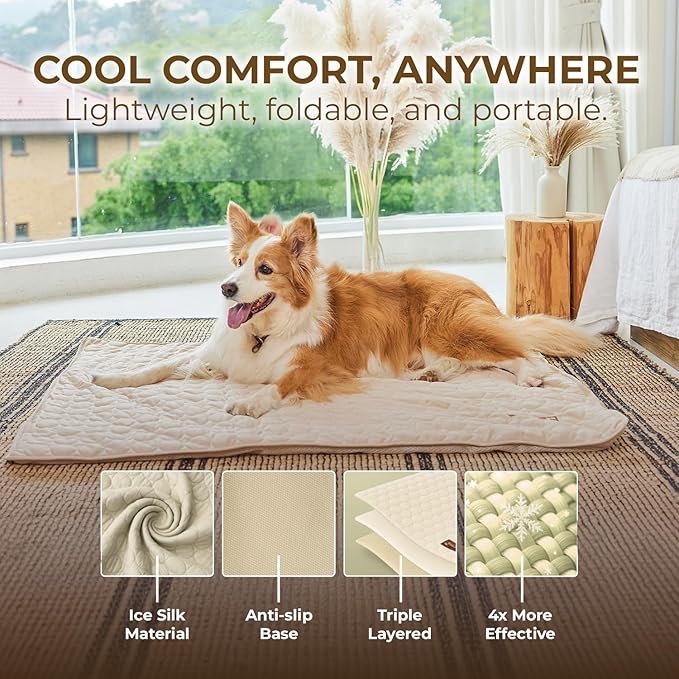 Dog Cooling Mat- Ice Silk Summer Comfort, Self Cooling, Non-Slip Dog Pad, Durable &amp; Washable, Mat for Medium Dogs 50x65 cm, Support Shelter Dogs with Every Purchase (Beige)
