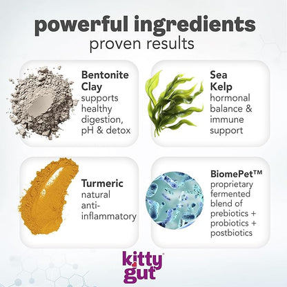 KittyGut 3-in-1 Organic Cat Probiotics &amp; Postbiotic Supplement Powder- Made in USA-Probiotics for Cats Promote Gut Health and Cat Digestive Support, Diarrhea and Vomiting (90g)